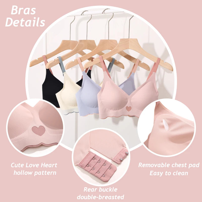 Seamless Bras Set for Women Push Up Bras Heart Pattern Bralette Sexy Low Rise Ice Silk Briefs Wavy Edge Underwear Set Female