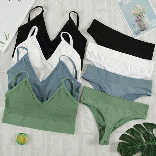 2Pcs Bra Set Underwear Set Women Panties Sexy G-String Seamless Bralette Female Lingerie Soft Tank Crop Top 2023 New