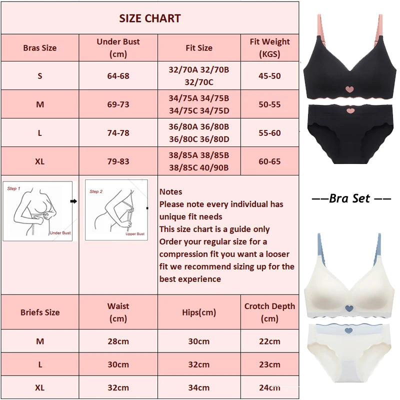 Seamless Bras Set for Women Push Up  Bras Heart Pattern Bralette Sexy Low Rise Ice Silk Briefs Wavy Edge Underwear Set Female