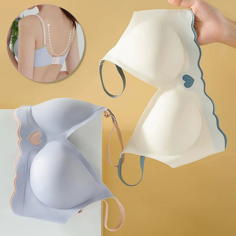 Seamless Bras Set for Women Push Up  Bras Heart Pattern Bralette Sexy Low Rise Ice Silk Briefs Wavy Edge Underwear Set Female