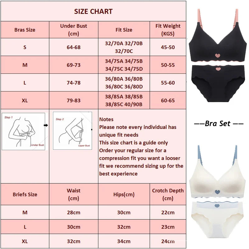 Seamless Bras Set for Women Push Up  Bras Heart Pattern Bralette Sexy Low Rise Ice Silk Briefs Wavy Edge Underwear Set Female